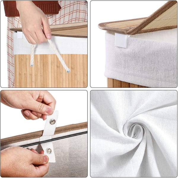 Vasketøjskurv med 3 sektioner, clip-on låg og håndtag, 150 l, foldbar, til vaskerum, soveværelse, badeværelse, naturlig LCB091N01