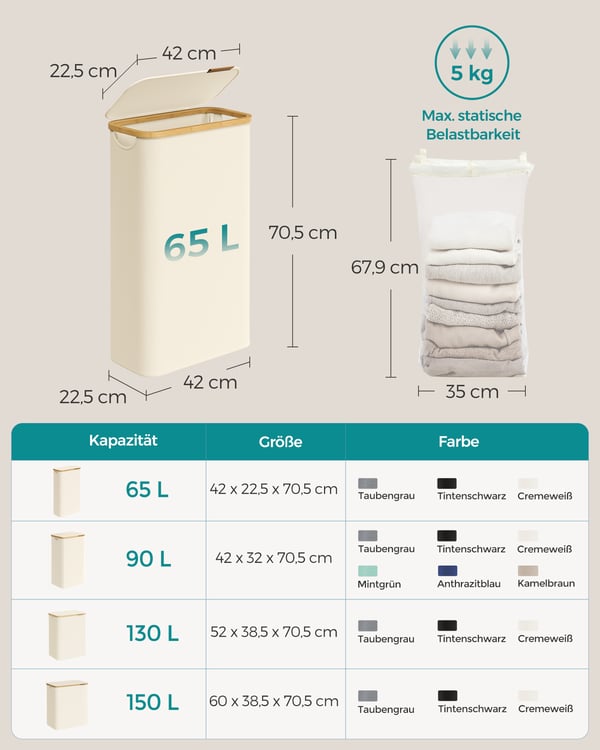 Tvättkorg 60 liter med lock Cream vit