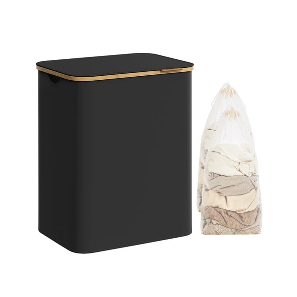 Tvättkorg med lock, 2-delad stor tvättkorg, 130 liter, löstagbart nätfoder, Oxford-tyg, bambuhandtag, hopfällbar, 52 x 38,5 x 70,5 cm, bläcksvart LCB513B01