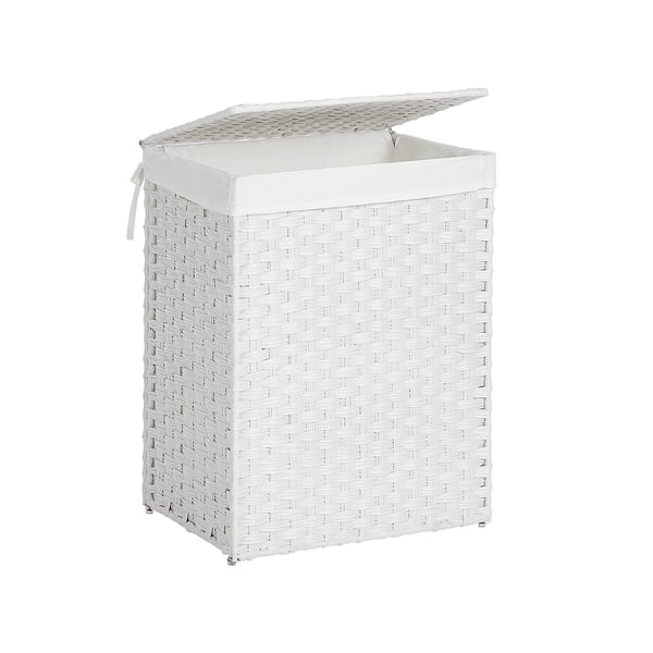 Håndvævet vasketøjskurv, 90 l syntetisk rattan vasketøjskurv med låg og håndtag, sammenklappelig, aftagelig indersæk, hvid