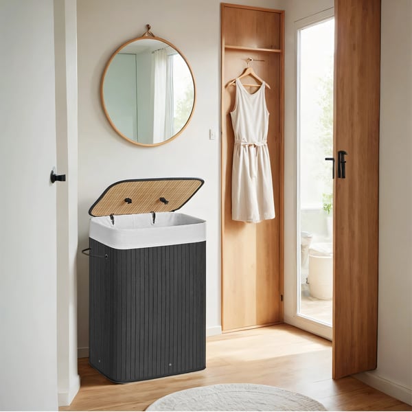 Tvättkorg med lock, 72 L, tvättkorg i bambu