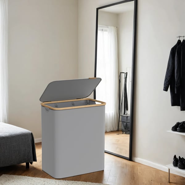 Tvättkorg 3 fack, tvättsamlare med lock, 150 L