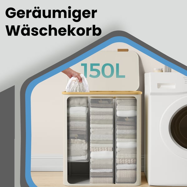 Tvättkorg 3 fack, tvättsamlare med lock, 150 L