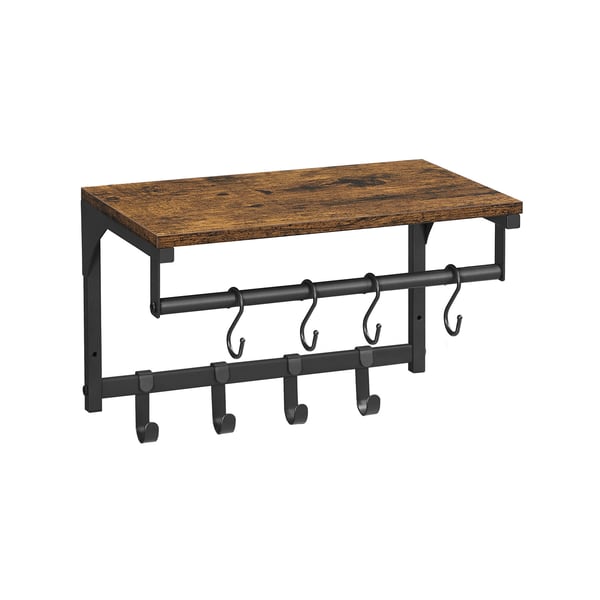 Väggmonterad klädhängare, vägghylla med 8 löstagbara krokar, väggmonterad hängande hylla med klädstång, för hall, sovrum, Vintage Brown/Black LCR103B01