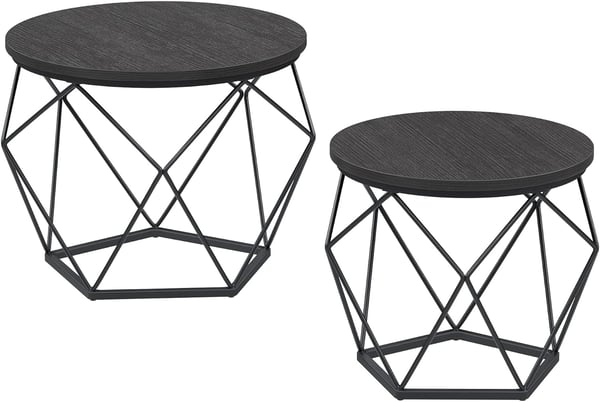 Runda soffbord, uppsättning med 2 sidobord, modern stil, avtagbar bordsskiva, stålram, för vardagsrum, koksgrå och bläcksvart