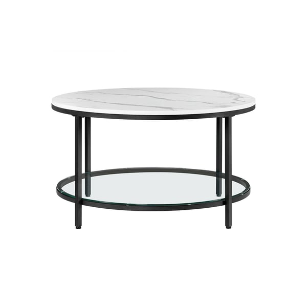 LCT071B13 Soffbord, vardagsrumsbord, soffbord, med glasskiva, stort förvaringsutrymme, enkel montering, modern stil, vit marmoreffekt, svart ram