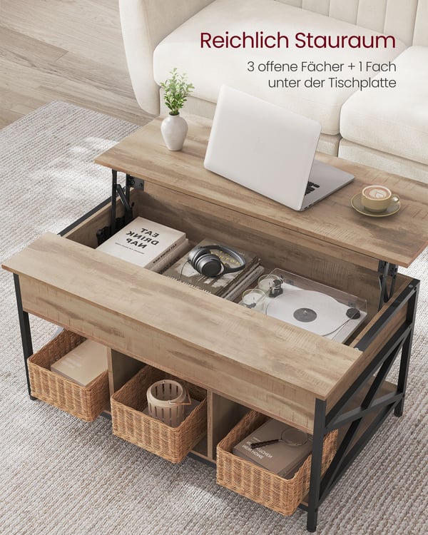 Sofabord, højdejusterbart stuebord, sofabord, åben og skjult opbevaringsplads, X-Struts, 60 x 100 x (48-62) cm, Camel Brown/Black LCT205K50
