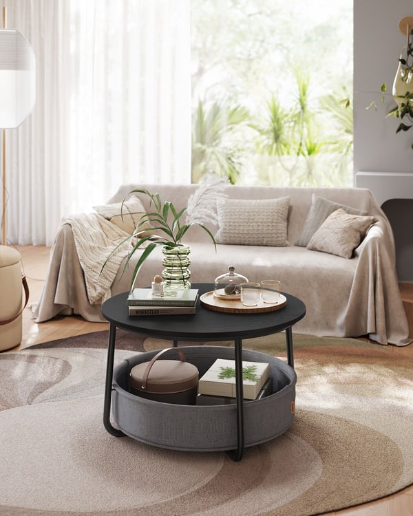 Sofabord med opbevaring, rundt midterbord til stuen med stofkurv, moderne stil, metalramme, blæksort og skifergrå LCT244B56