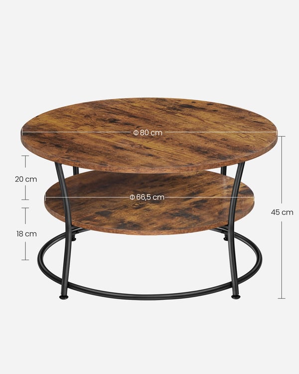 Sofabord, rundt cocktailbord med hylde, tebord, nem montering, metal, industrielt design, rustikt brunt LCT80BX