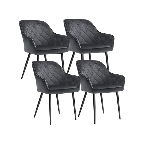 LDC088G01-4 Sæt med 4 polstrede stole med armlæn Sædebredde 49 cm Metalben Fløjlsbetræk Holder op til 110 kg til studieværelse Stue Soveværelse Grå