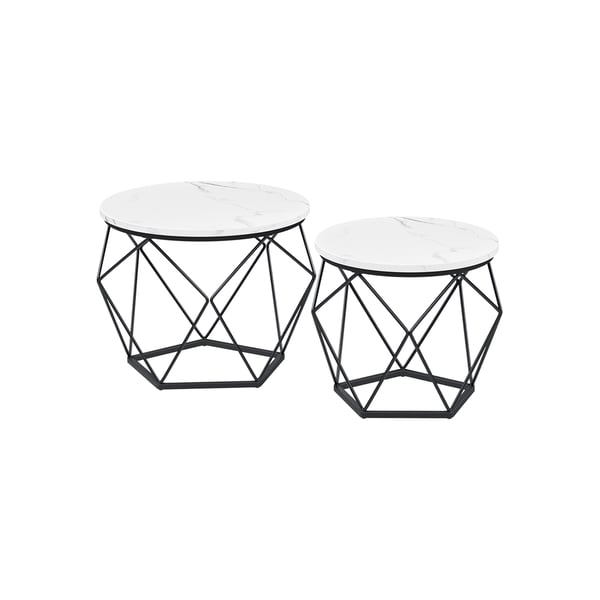 Runda soffbord, uppsättning med 2 sidobord, modern stil, avtagbar bordsskiva, stålram, för vardagsrum, vit och svart LET040B59