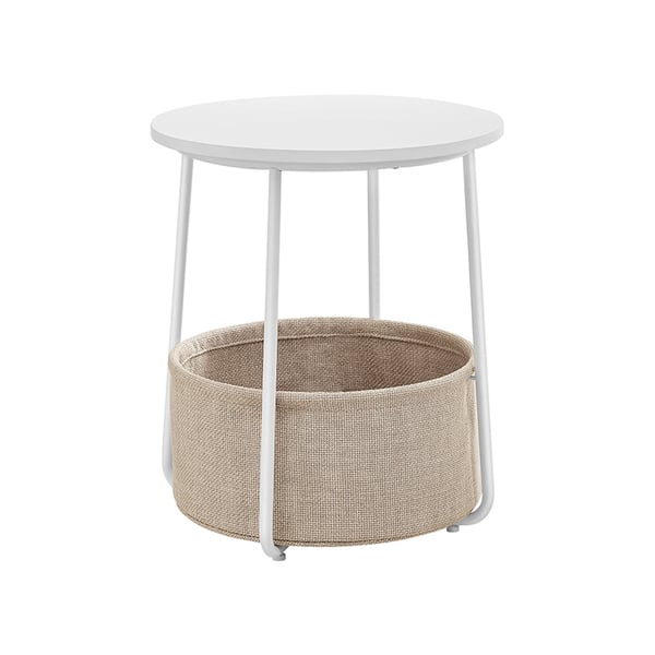 Sidebord, rundt gavlbord med stofkurv, rummeligt, til stue/soveværelse, sengebord, moderne stil, hvid og beige