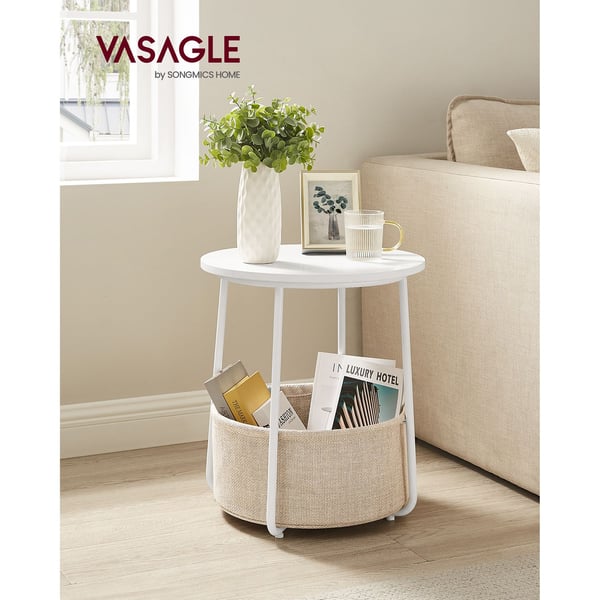 Sidebord, rundt gavlbord med stofkurv, rummeligt, til stue/soveværelse, sengebord, moderne stil, hvid og beige