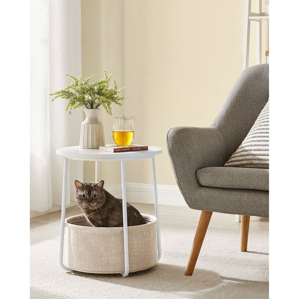 Sidebord, rundt gavlbord med stofkurv, rummeligt, til stue/soveværelse, sengebord, moderne stil, hvid og beige