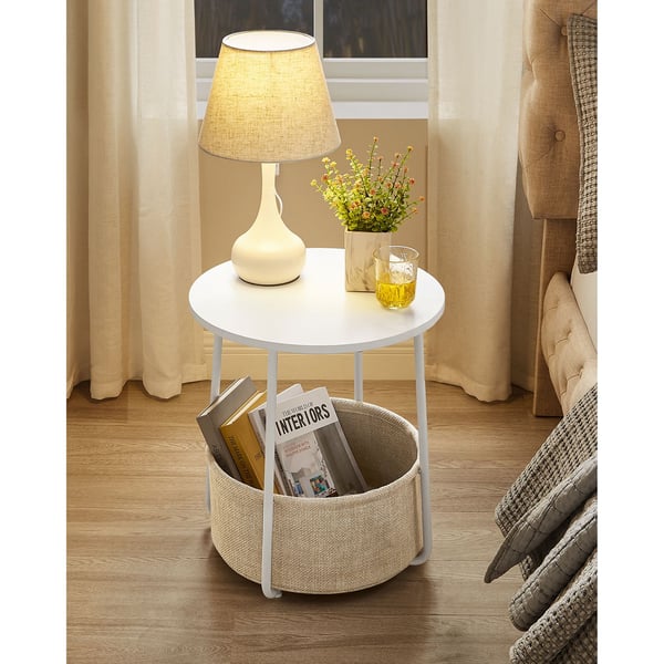 Sidebord, rundt gavlbord med stofkurv, rummeligt, til stue/soveværelse, sengebord, moderne stil, hvid og beige