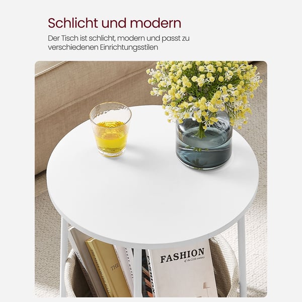 Sidebord, rundt gavlbord med stofkurv, rummeligt, til stue/soveværelse, sengebord, moderne stil, hvid og beige