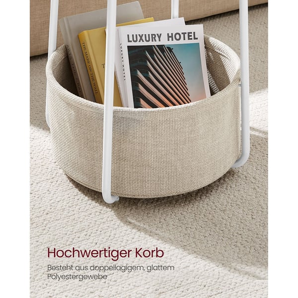 Sidebord, rundt gavlbord med stofkurv, rummeligt, til stue/soveværelse, sengebord, moderne stil, hvid og beige
