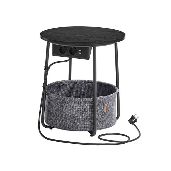 Pyöreä sivupöytä latausasemalla, pieni pöytä pistorasialla, sohvapöytä, USB-portit, kangaskori, olohuone makuuhuone, moderni yöpöytä, Ebony Black-Slate Gray LET228B02