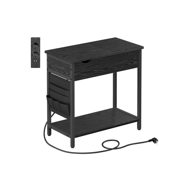 Sidebord med strømstik, smalt sidebord med USB-stik, tasker, natbord, til stue, soveværelse, sort træeffekt LET311B56