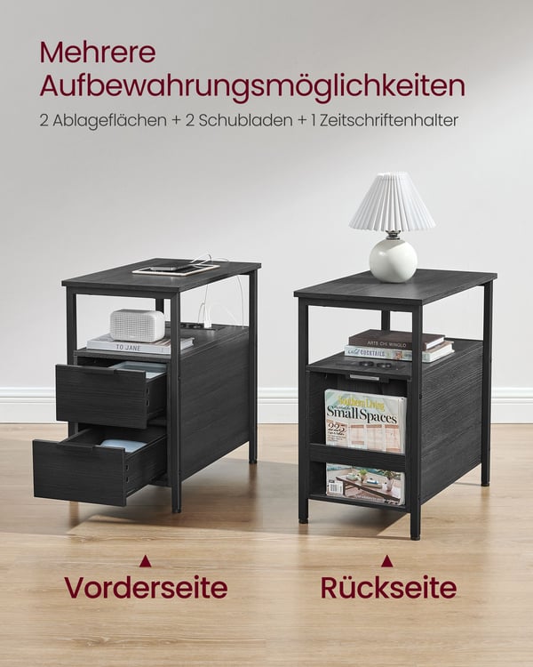 Sidebord, sengebord med strømskinne, 2 skuffer, sofabord, sengeskab til stue, soveværelse, antracitgrå klassisk sort LET325B22