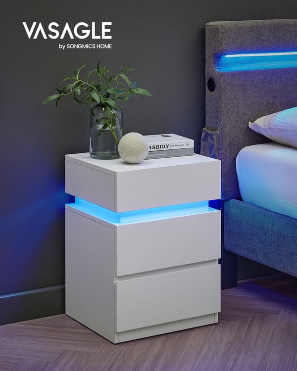 Sengebord, med justerbar flerfarvet LED-strip, 3 skuffer, sidebord i moderne stil, 35 x 40 x 55 cm, hvid LET630T10