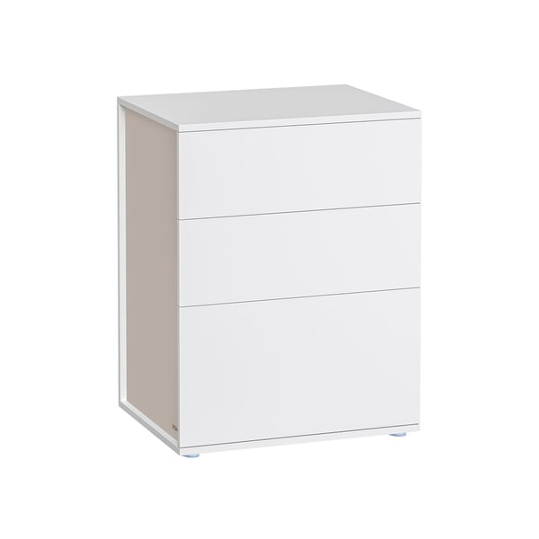 Superhurtig samling uden brug af værktøj, sengebord, natbord med 3 opbevaringsskuffer, sidebord, moderne minimalistisk, soveværelse, stue, mat hvid og cappuccino beige