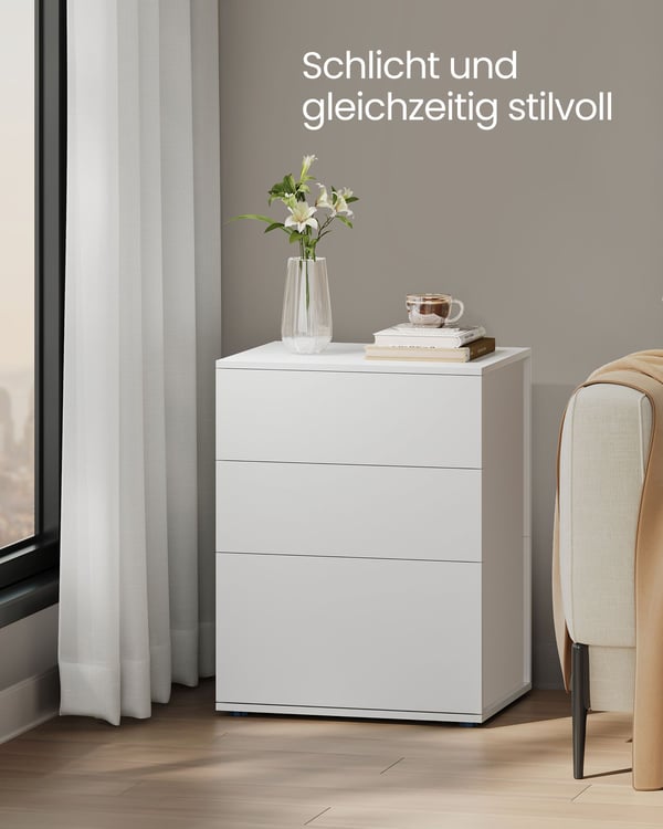 Superhurtig samling uden brug af værktøj, sengebord, natbord med 3 opbevaringsskuffer, sidebord, moderne minimalistisk, soveværelse, stue, mat hvid og