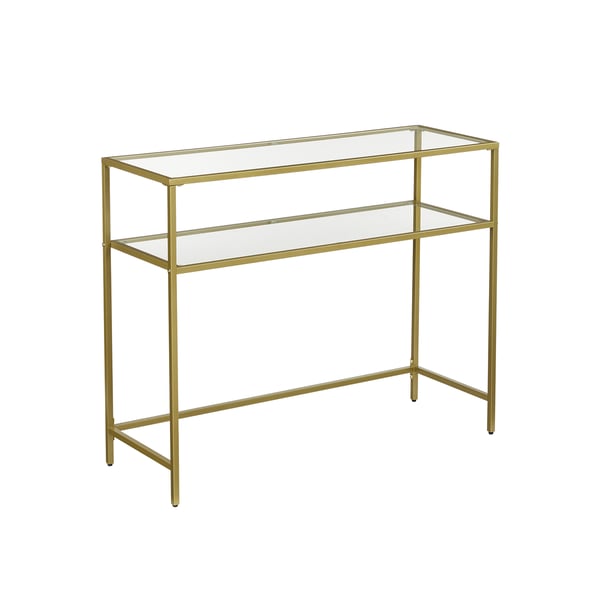Konsolbord, bord i hærdet glas, moderne sofa- eller entrébord, metalstel, 2 hylder, justerbare fødder, til stuen, entreen, guldfarvet LGT025A01