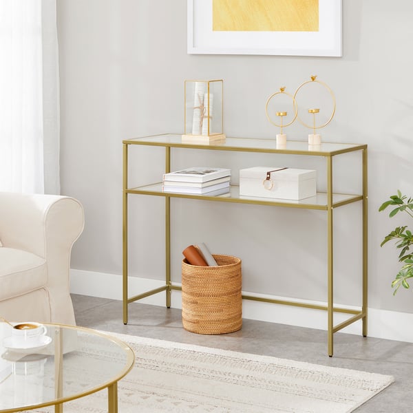 Konsolbord, bord i hærdet glas, moderne sofa- eller entrébord, metalstel, 2 hylder, justerbare fødder, til stuen, entreen, guldfarvet LGT025A01