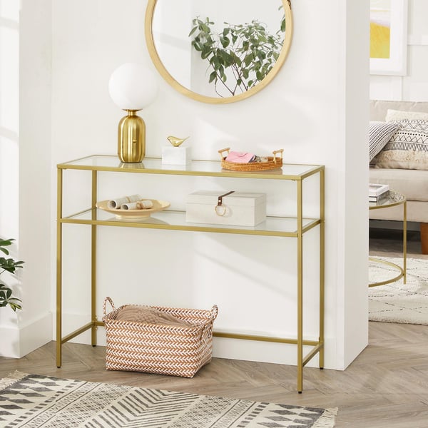 Konsolbord, bord i hærdet glas, moderne sofa- eller entrébord, metalstel, 2 hylder, justerbare fødder, til stuen, entreen, guldfarvet LGT025A01