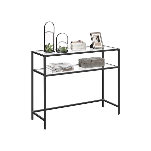 Konsolbord, bord i hærdet glas, moderne sofa- eller entrébord, stålstel, 2 hylder, justerbare fødder, til stuen, entreen, sort LGT025B01