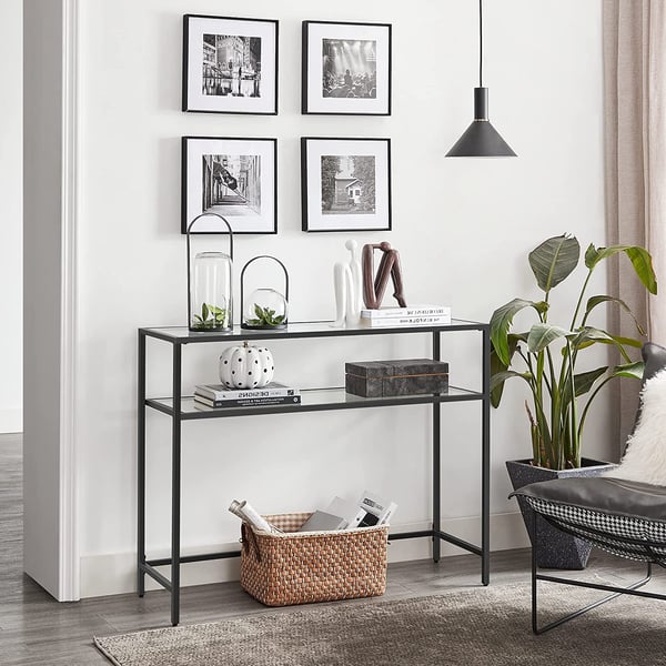 Konsolbord, bord i hærdet glas, moderne sofa- eller entrébord, stålstel, 2 hylder, justerbare fødder, til stuen, entreen, sort LGT025B01