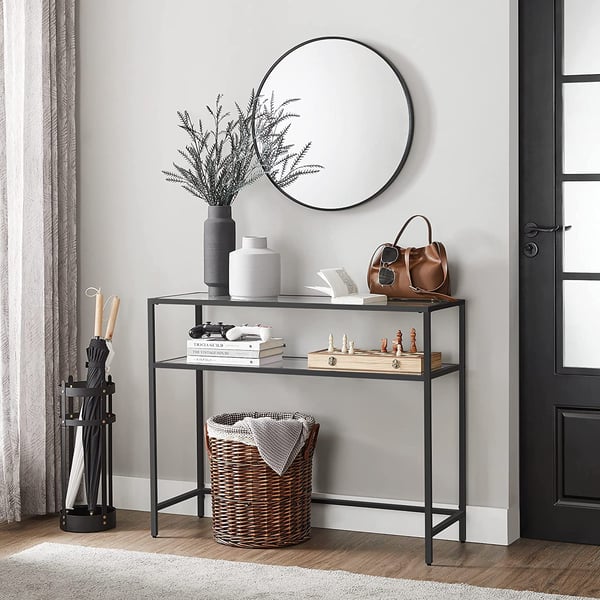 Konsolbord, bord i hærdet glas, moderne sofa- eller entrébord, stålstel, 2 hylder, justerbare fødder, til stuen, entreen, sort LGT025B01