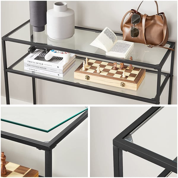 Konsolbord, bord i hærdet glas, moderne sofa- eller entrébord, stålstel, 2 hylder, justerbare fødder, til stuen, entreen, sort LGT025B01