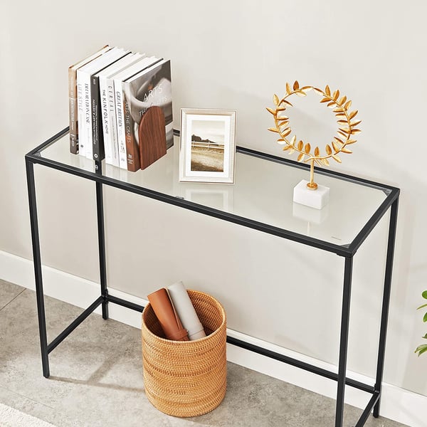 Konsolbord, bord i hærdet glas, moderne sofa- eller entrébord, metalstel, justerbare ben, til stuen, entreen, sort LGT026B01