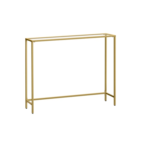 Konsolbord, entrébord, sofabord, bordplade i hærdet glas, metalstel, justerbare ben, til stuen, entréen, gangen, lyseguld og transparent LGT132A01