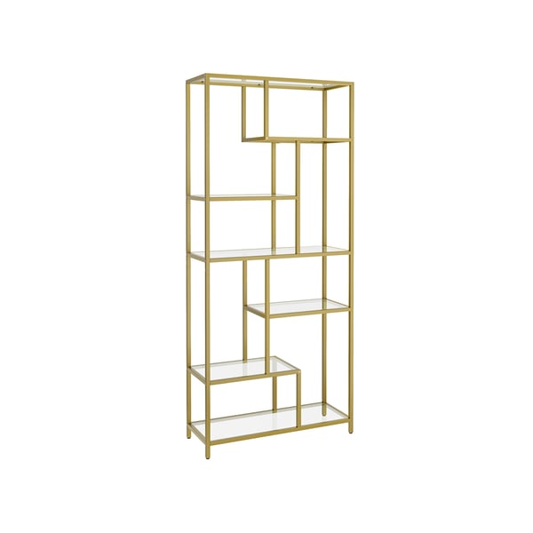 Bokhylla, 6-facks hög bokhylla, växtställ, displayhylla, 30 x 80 x 180 cm, härdat glas, för arbetsrum, kontor, vardagsrum, sovrum, kök, Metallic Gold LGT502A01