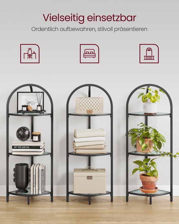 Hjørnehylde i 3 niveauer med hylder af hærdet glas