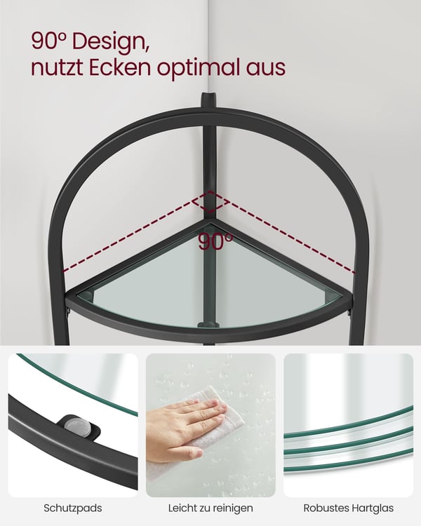 Hjørnehylde i 3 niveauer med hylder af hærdet glas
