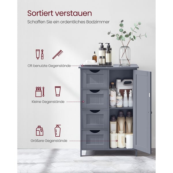 Opbevaringsskab på badeværelsesgulv, badeværelsesopbevaring med 4 skuffer, fritstående badeværelsesskab, med 1 dør, justerbar hylde, 30 x 55 x 82 cm,