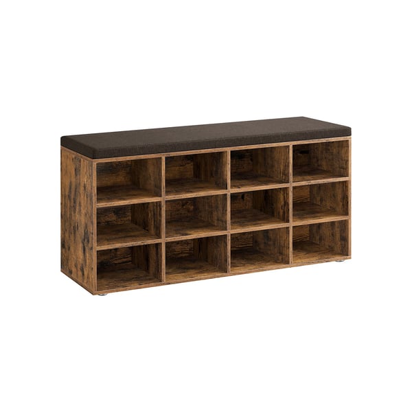 Kenkäpenkki, säilytyspenkki pehmustetulla istuimella, tyynyllä, 12 lokeroa, säädettävät hyllyt, olohuoneeseen, eteiseen, 30,3 x 104 x 48 cm, maalaisruskea