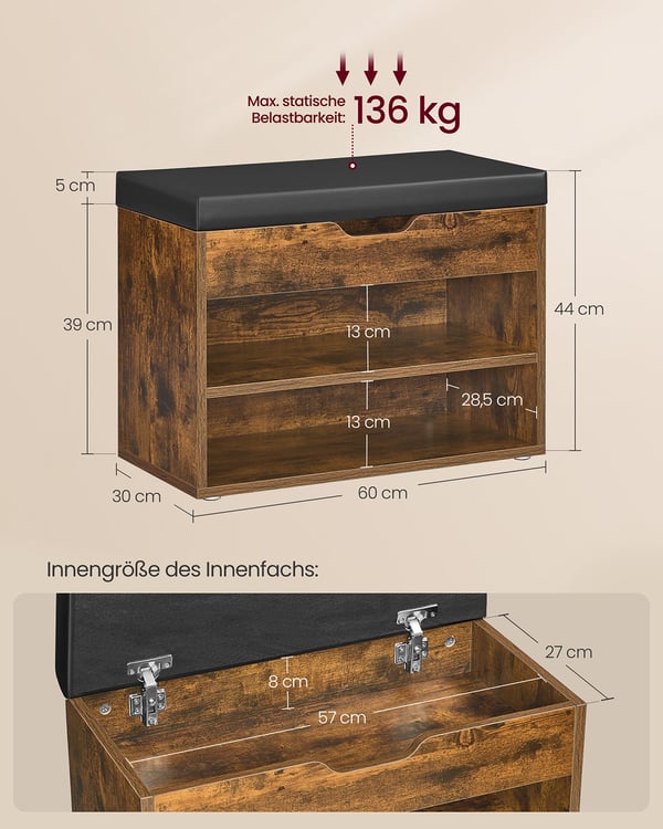 Skobænk med 3 niveauer 30 x 60 x 44 cm vintage brun