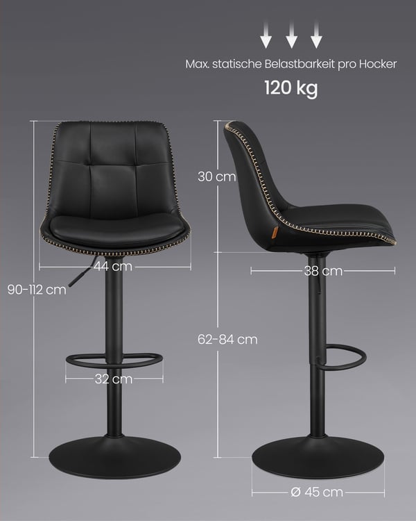 Barstol sæt af 2 med ryglæn blæk sort