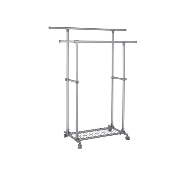 Dubbel klädstång, utdragbar klädställning, från 87 till 150 cm, rullande klädstång med hylla, robust konstruktion, max statisk belastning 70 kg, för kläder halsdukar, grå