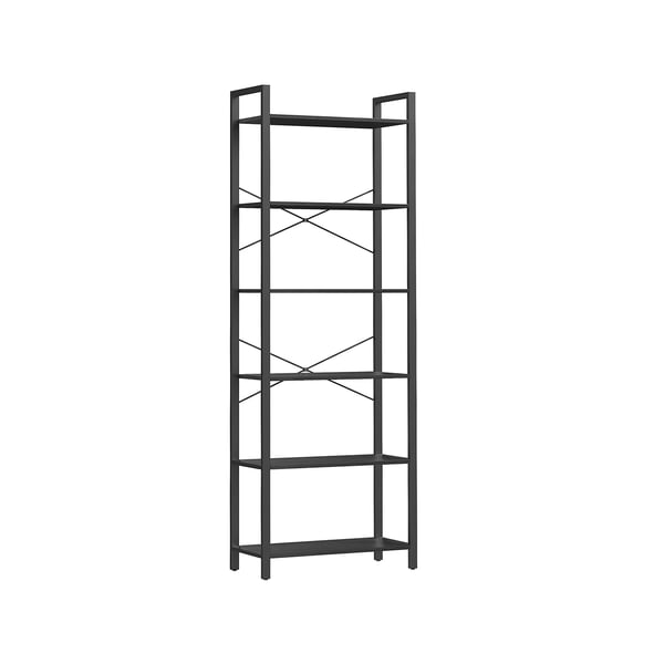 Høj bogreol i 6 etager, stor bogreol, stålramme, fritstående hylde til stue, soveværelse, hjemmekontor, arbejdsværelse, 30 x 66 x 186 cm, industriel, ibenholt sort og blæksort