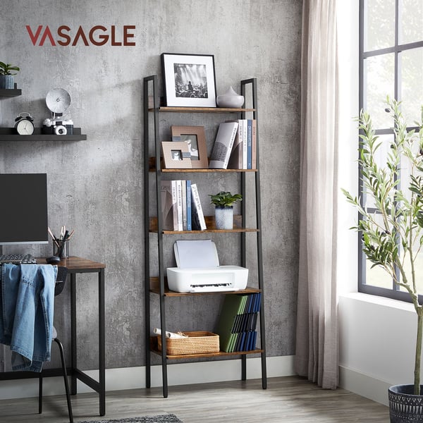 Kirjahylly, tikashylly 5 hyllyllä, avoin seisova hylly, kapea olohuoneeseen, makuuhuoneeseen, keittiöön, toimistoon, metallirunko, teollinen muotoilu,