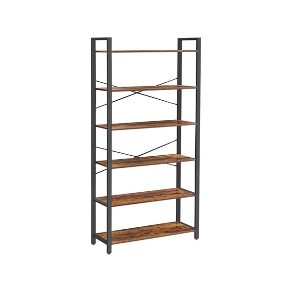 Bokhylla, 6-fackshyllor med stålram, höga rustika hyllor för vardagsrum, kontor, arbetsrum, hall, industriell stil, 80 x 30 x 186 cm, rustik brun och svart LLS082B01