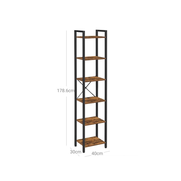 Bogreol, 6-lags bogreol, åben opbevaringsreol, stående udstillingsreol, til kontor, stue, soveværelse, 40 x 30 x 187,5 cm, industriel, rustik brun og