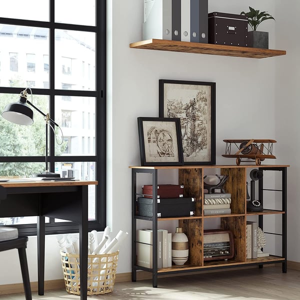 Bogreol, reol, hylde, tv-bord, konsolbord, 6 rum, til kontor, stue, soveværelse, 33 x 120 x 80 cm, industrielt design, rustik brun og sort LLS104B01