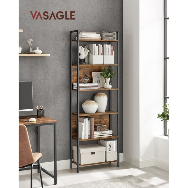 Bogreol, reol med 6 hylder, boghylde, stålkonstruktion, til stuen, entreen, kontoret, industriel stil, rustik brun og sort